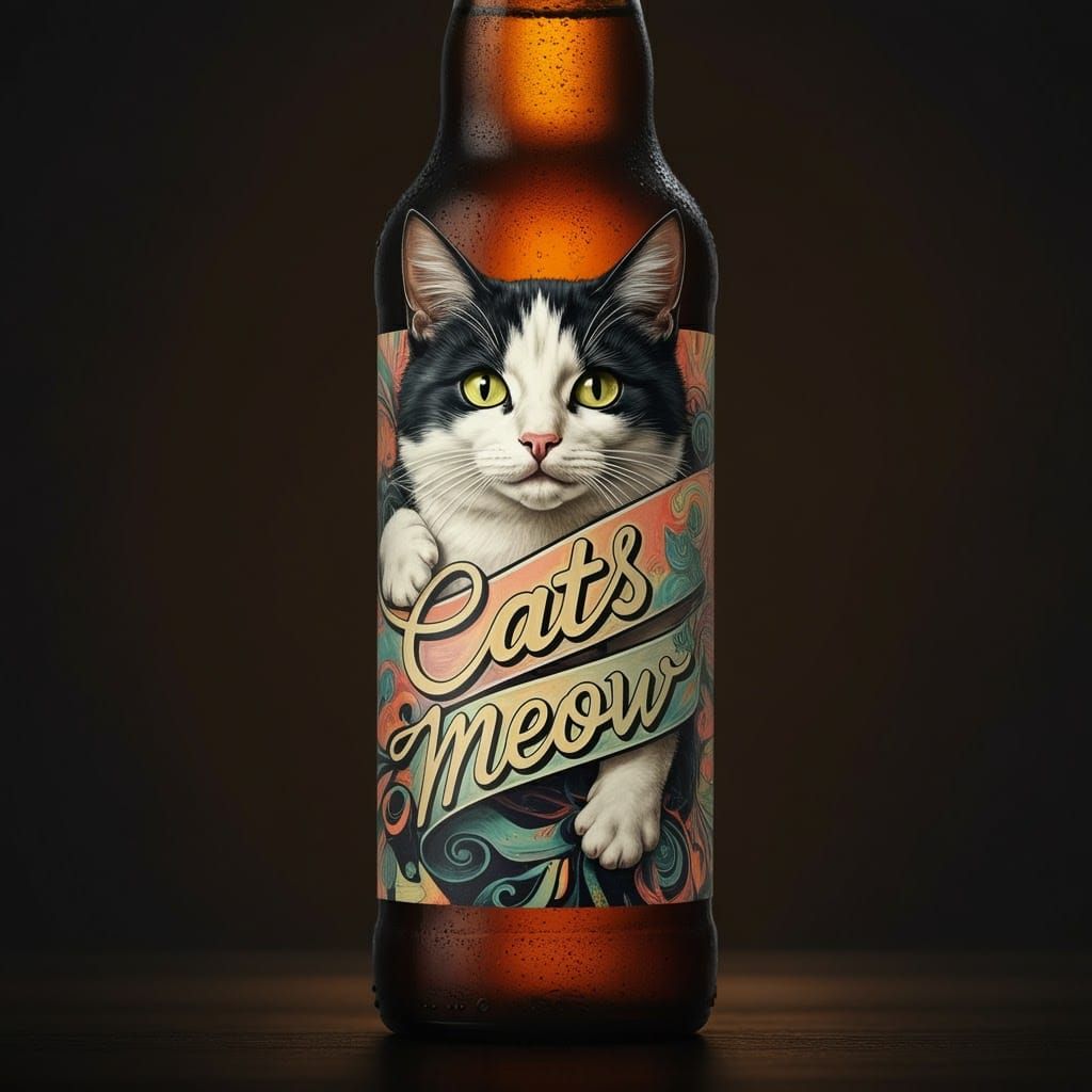 Whimsical Beer Bottle with Cat Label Illustration