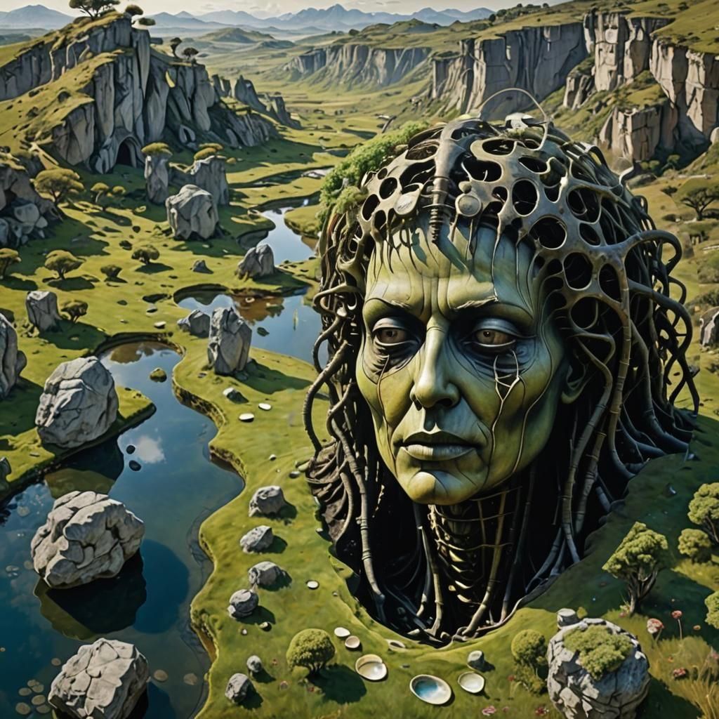 Surreal Humanoid Figure in Dreamlike Landscape
