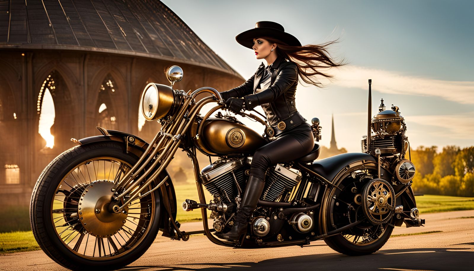 Steampunk Biker Riding in Sunshine