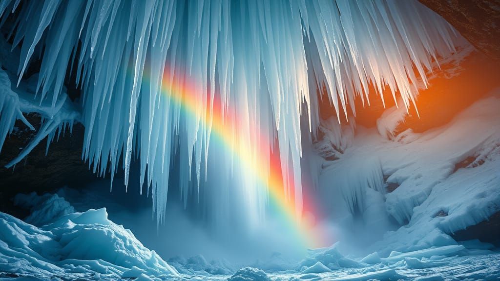 Rainbow Refraction on Frozen Waterfall in Painterly Style
