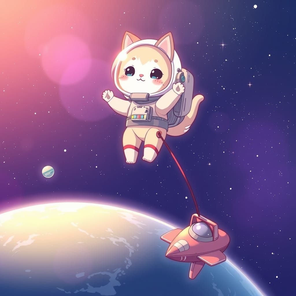 Cute Cat-stronaut Explores Cosmic Horizons in Anime Style