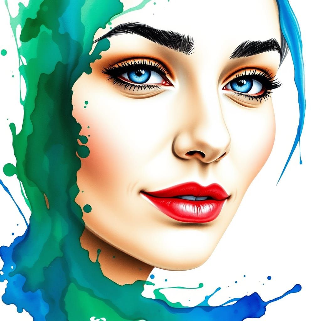 Enigmatic Woman in Emerald and Cobalt Splashes