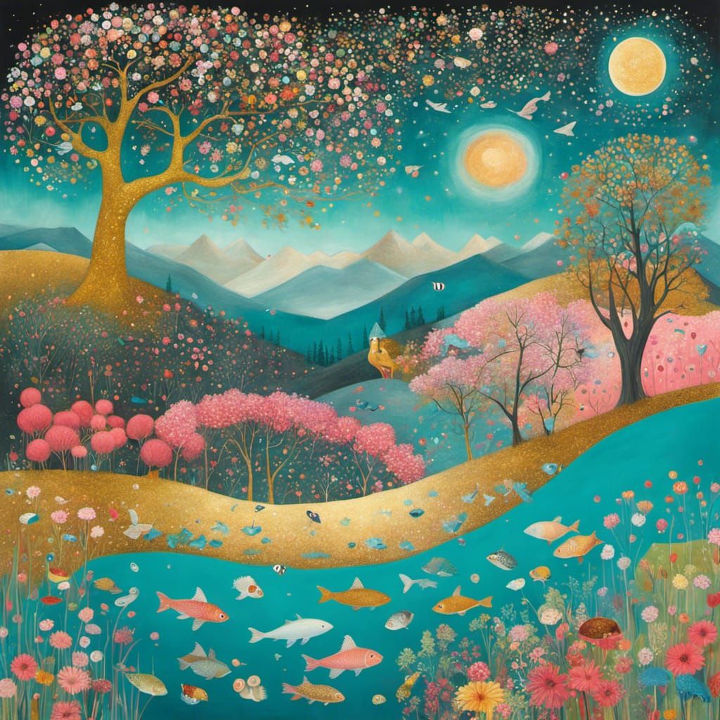 Glittering Landscape with Ancient Tree, Whimsical Art