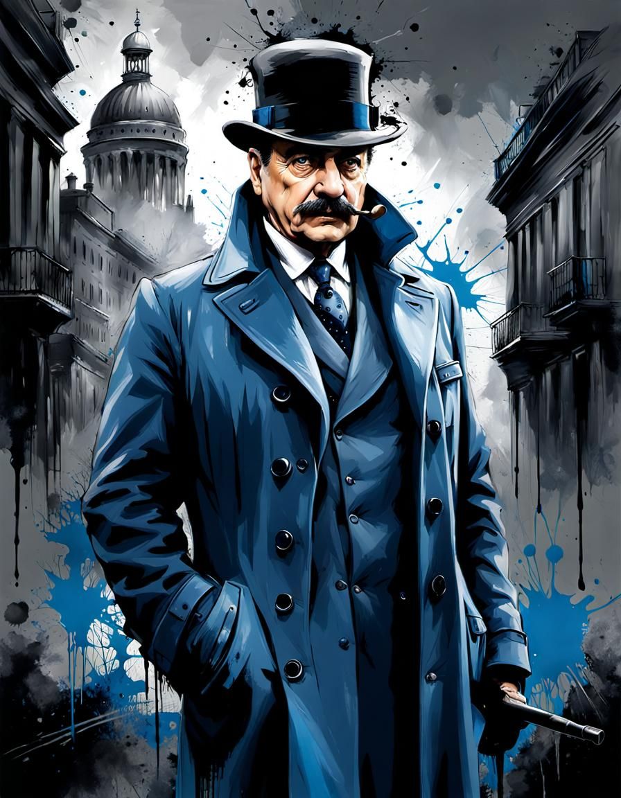 Hercule Poirot in Noir Cityscape, Grayscale with Splatter Pa...