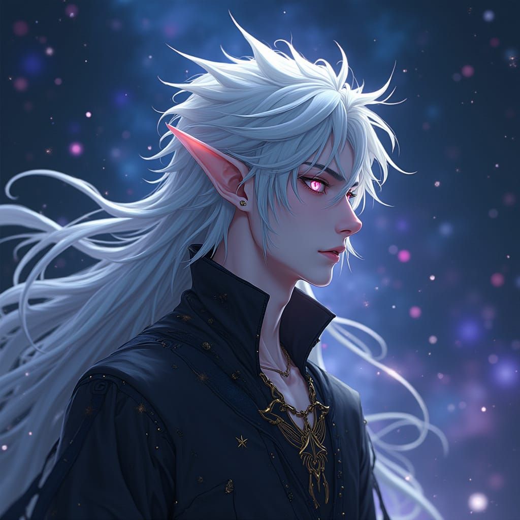 Ethereal Warlock in Starry Black Robe, Anime-Inspired Concep...