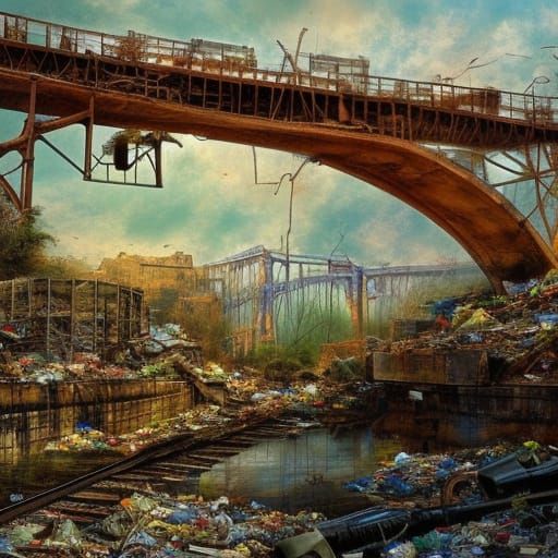 Apocalyptic Train on Decayed Bridge, Oil Painting