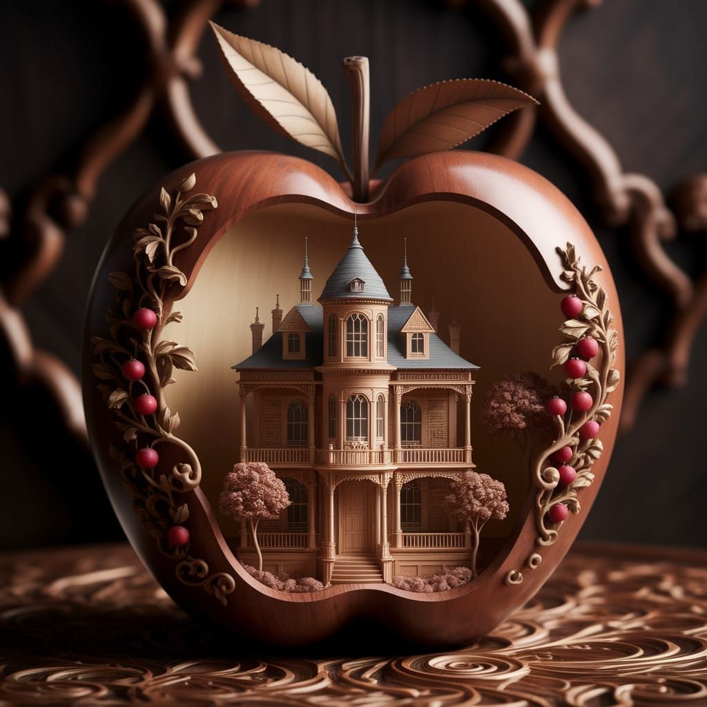 Miniature Victorian Mansion Hidden Inside a Wooden Apple