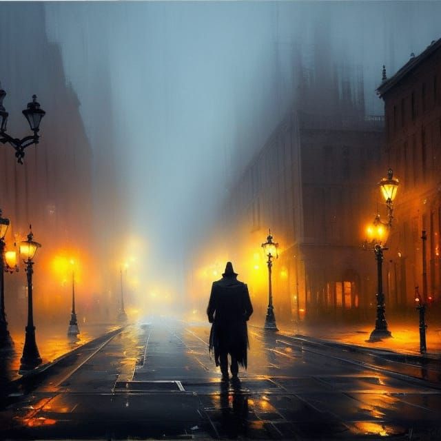 Silhouetted Ghosts in Foggy Street Scene