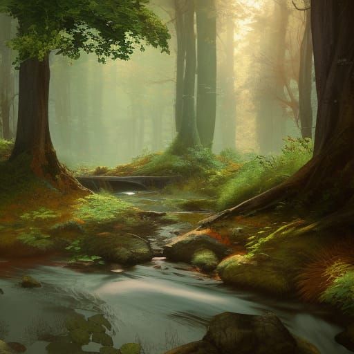 Lush Woodland Stream Art in Triadic Colors
