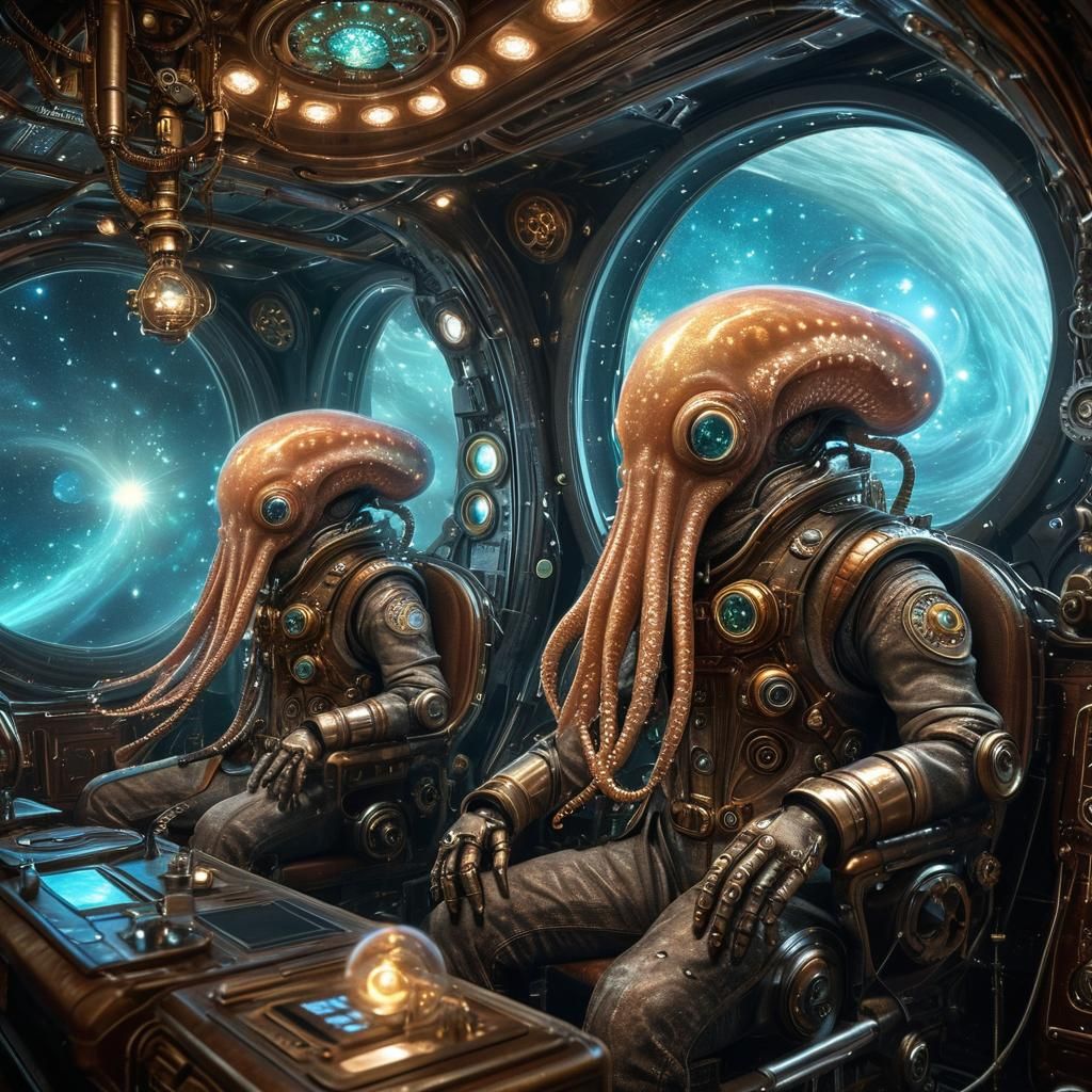 Steampunk Aliens in Spaceship Amidst Nebulae