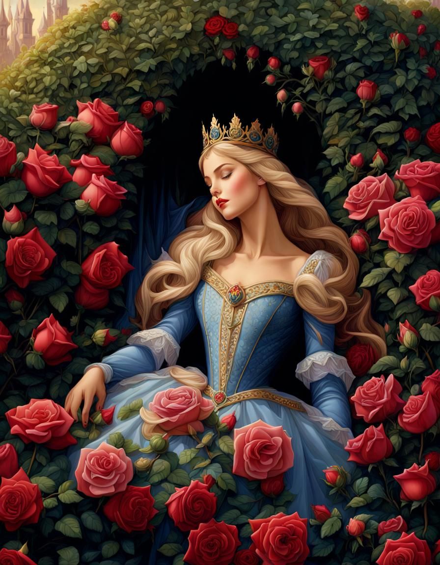 Sleeping Beauty Surrounded by Roses: Fairytale Illustration