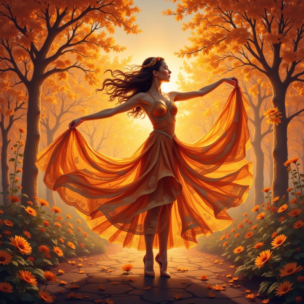 <lora:Automne dore:1.0> une danseuse tournoyant dans un tiss...