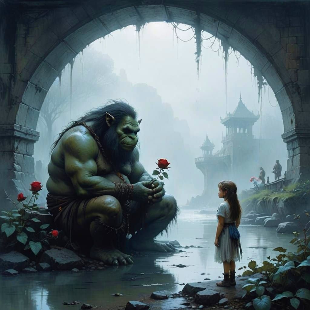 Troll and Girl Chat by Bridge in Oil Painting