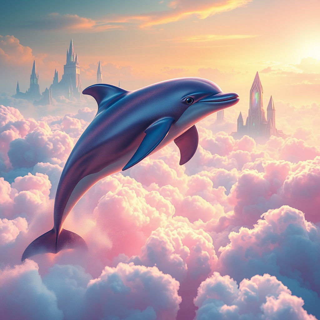 Dolphin Swimming in Cotton Candy Clouds