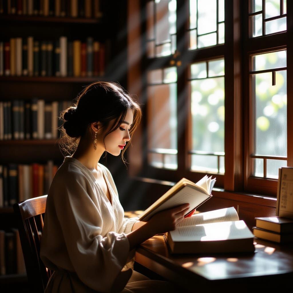 Woman in Áo Dài Reads in Sunlit Library