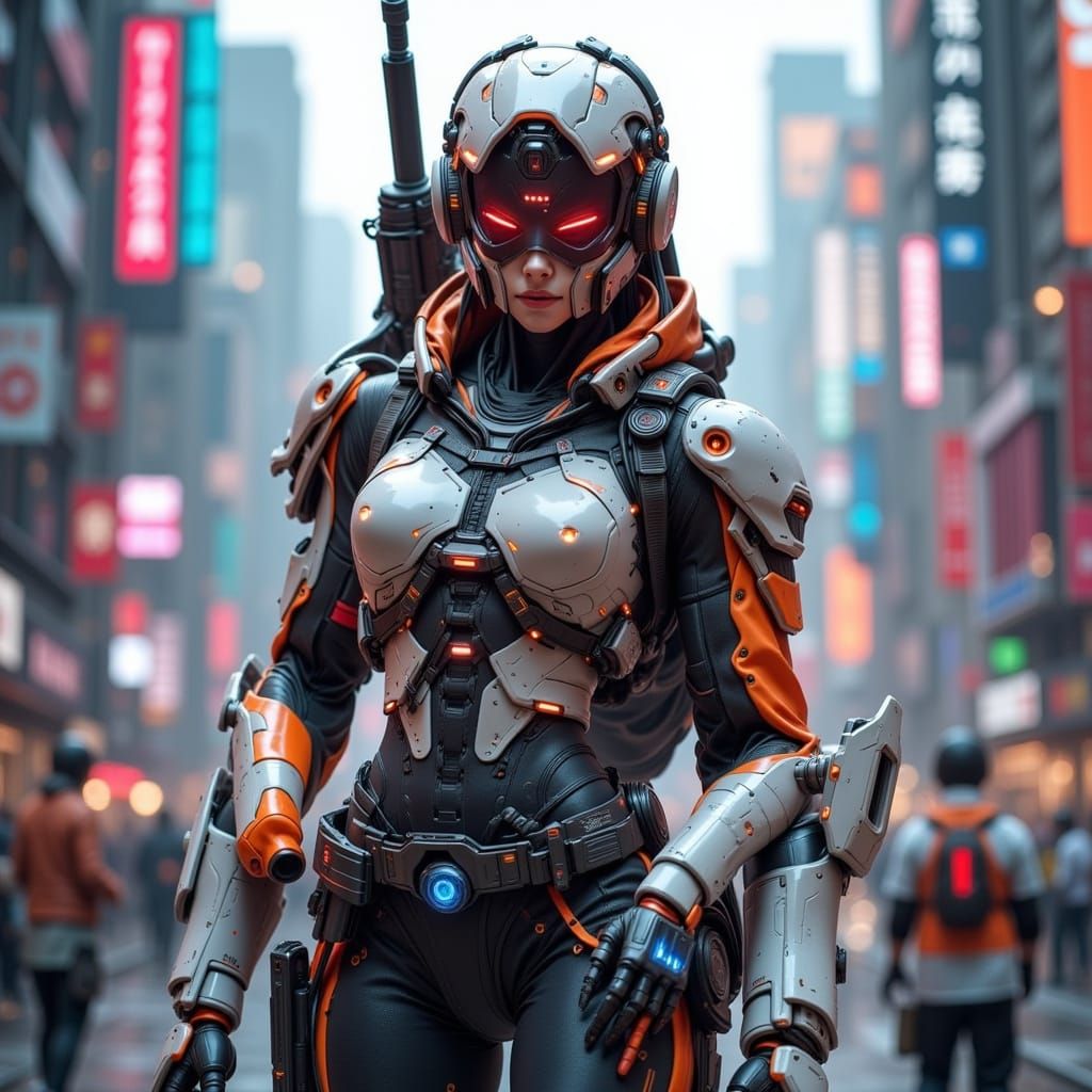 Armed Woman in Futuristic City, Photorealistic