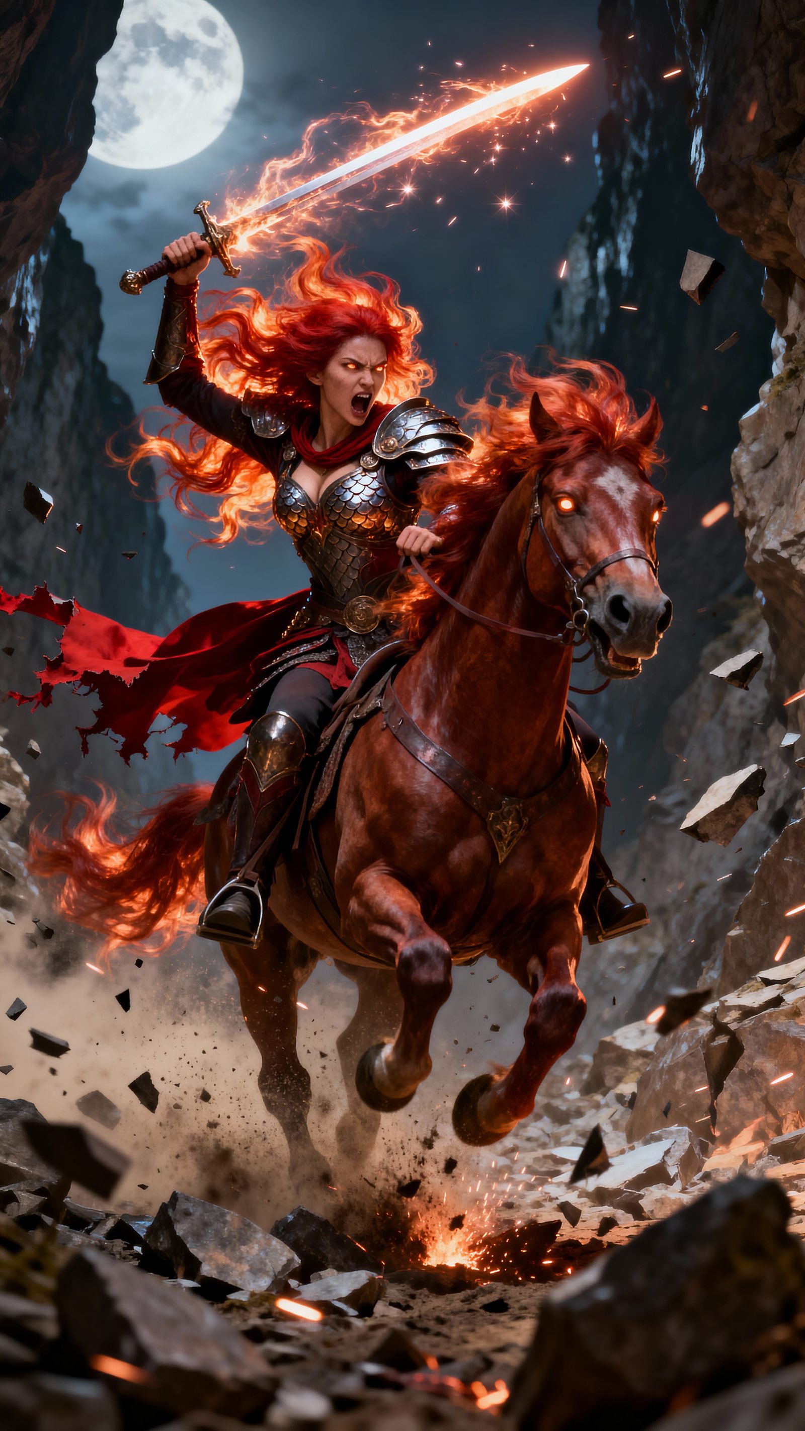 Fiery Warrior Woman on Horseback in Crumbling Canyon