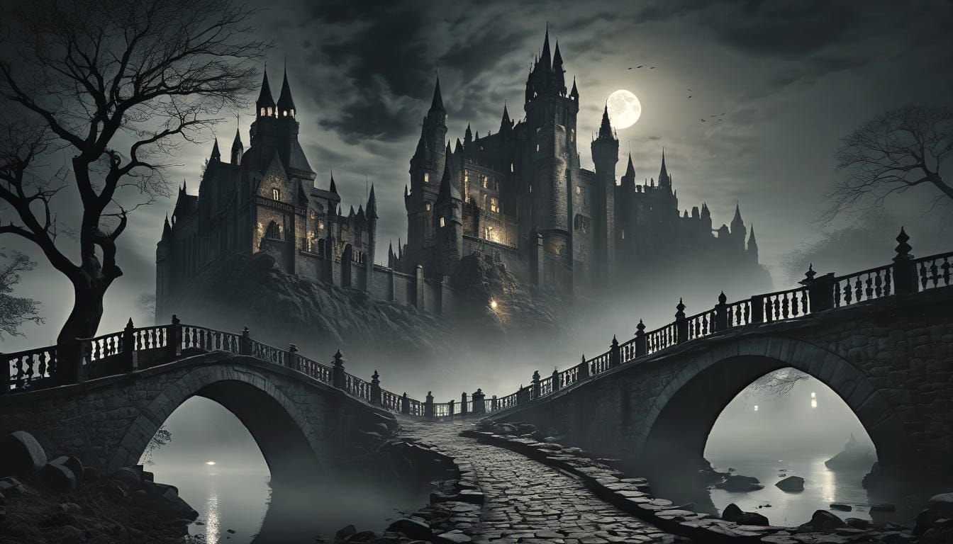 Gloomy Gothic Castle Under Moonlight