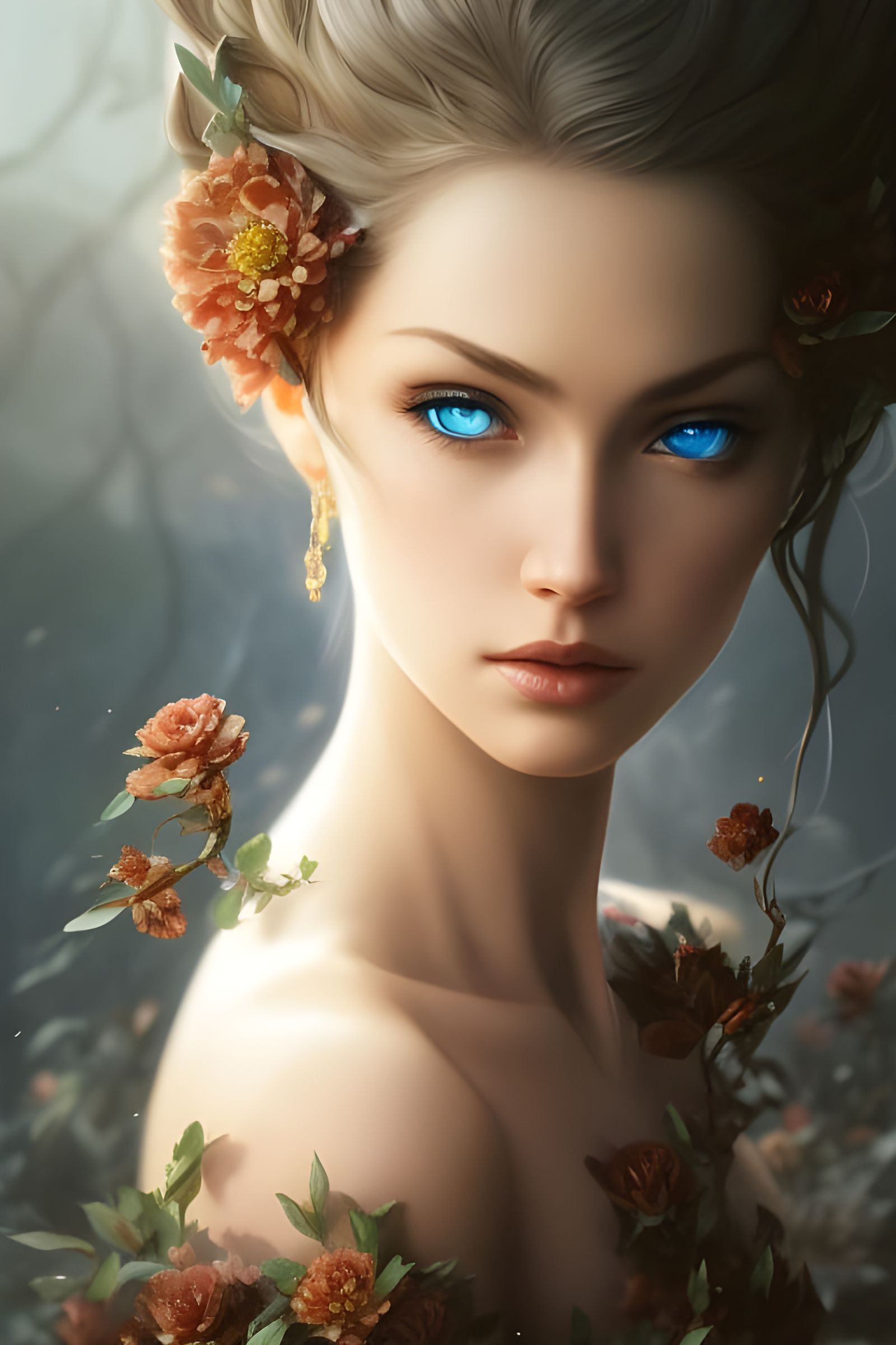 Beautiful Woman in Flower Armor, Digital Illustration