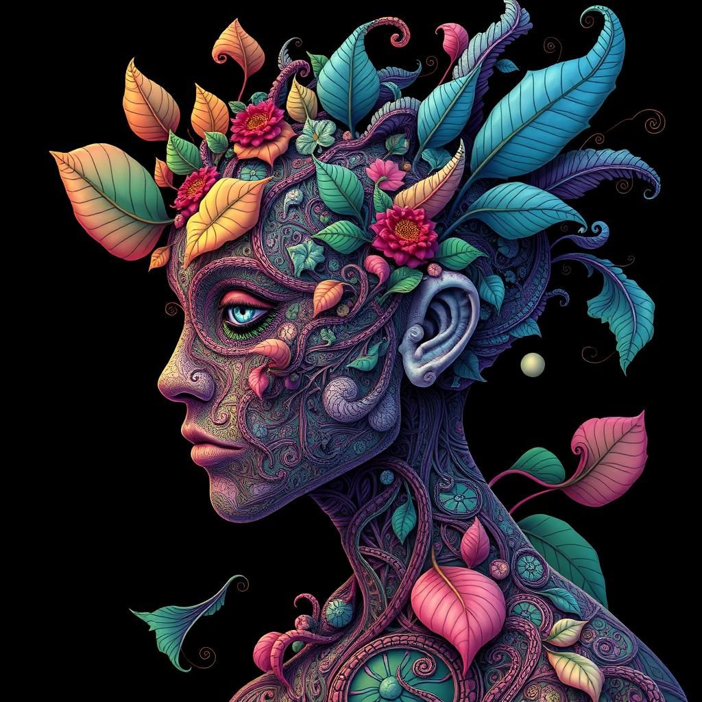 Human-Plant Hybrids in Vibrant Vector Fractal Style