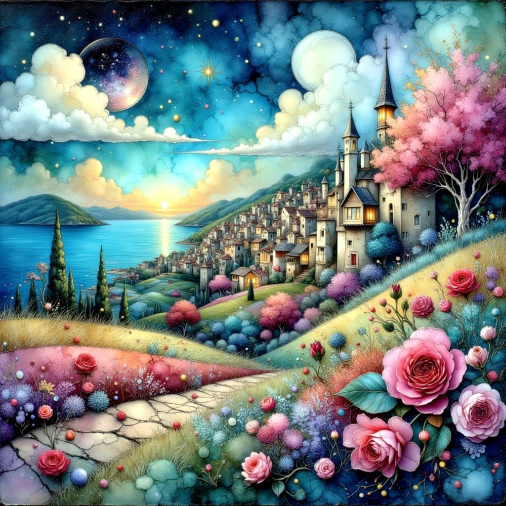 Whimsical Abstract Landscape with Italian Town at Dusk