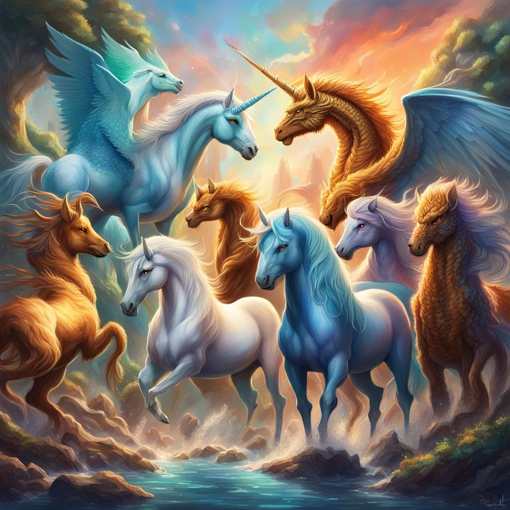 Mythical Creatures Interact: Hyperrealistic Splash Art