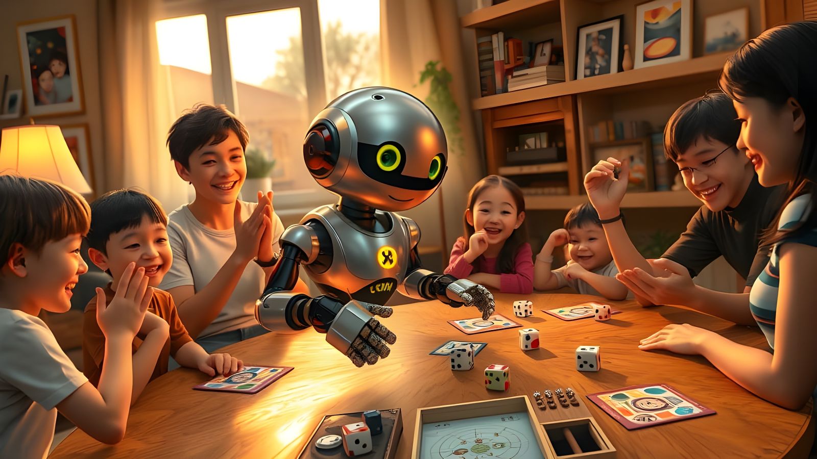 Family Game Night with Robot in Anime Style