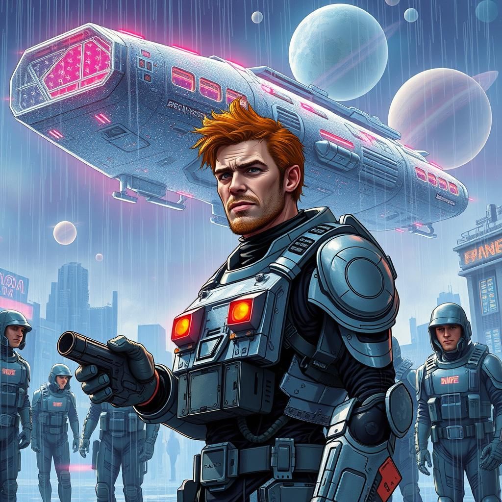 Cyborg Space Marine in Rainy Cyberpunk City