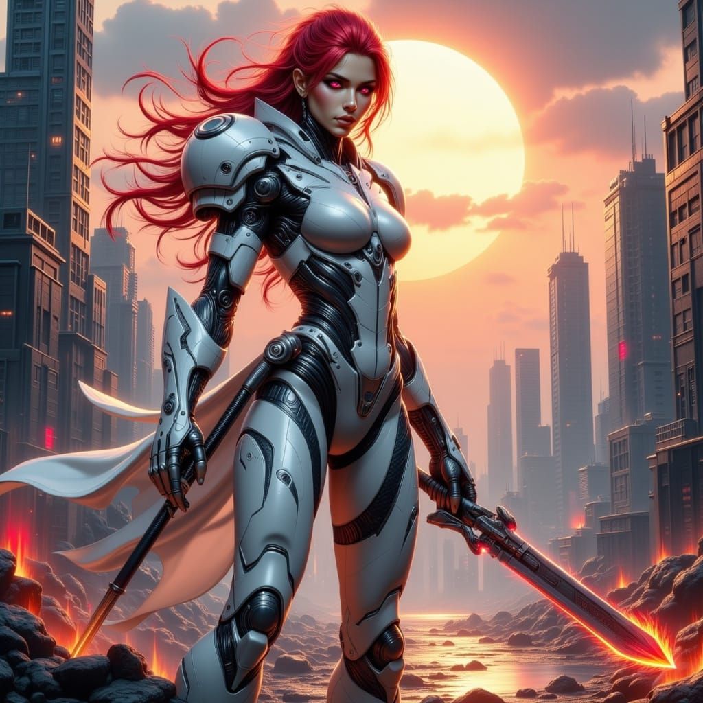 Cyborg Warrior Stands Guard in Cyberpunk Cityscape