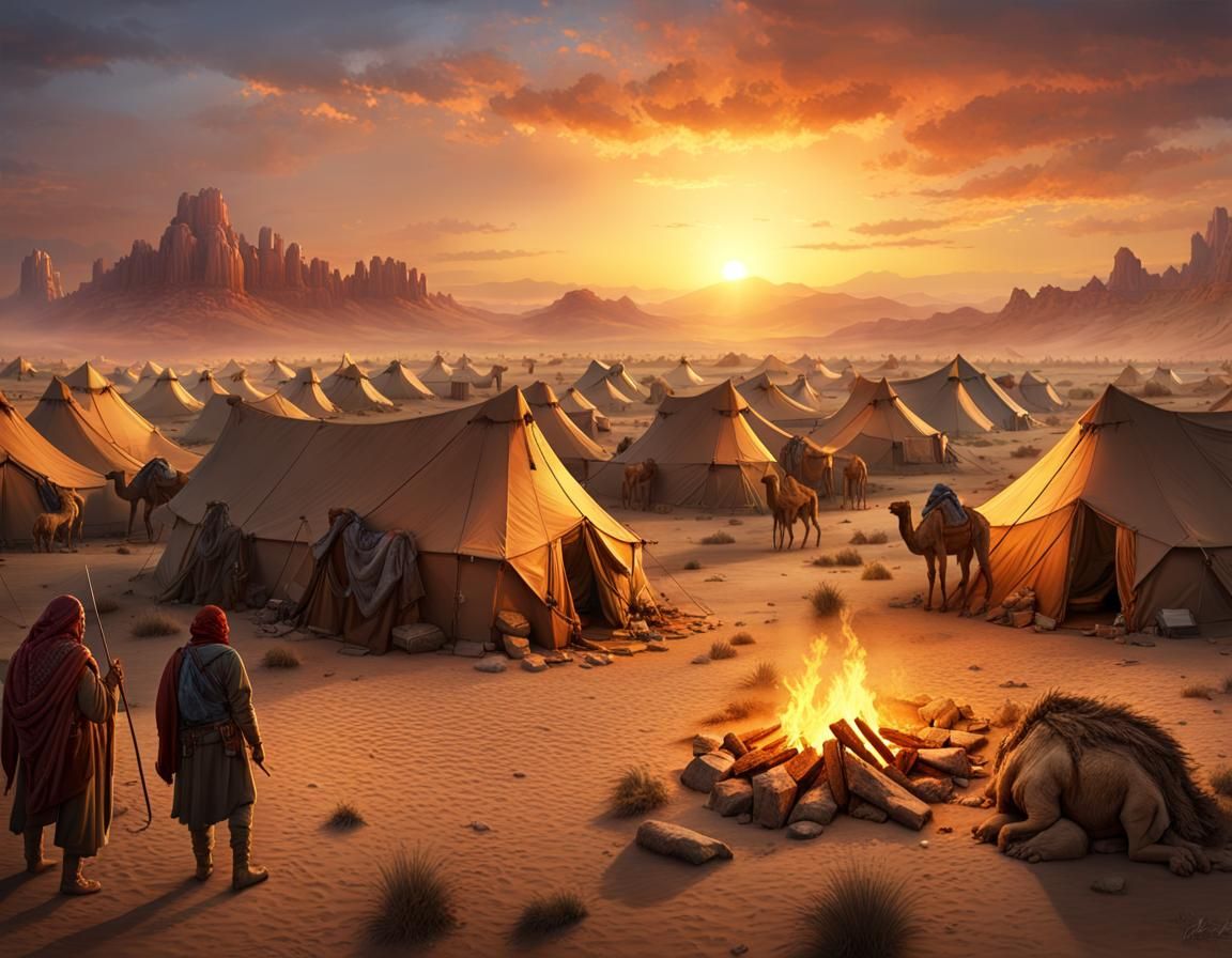 Vivid Bedouin Camp at Sunset: Detailed Matte Painting