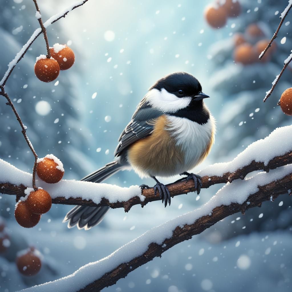 Fluffy Chickadee in Winter Wonderland Art