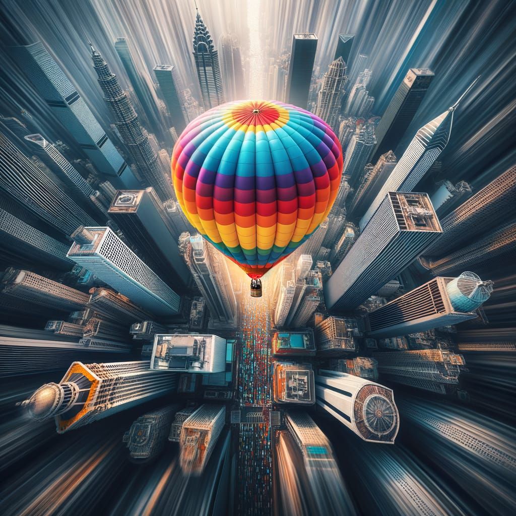Hot Air Balloon Over City in Photographic Style