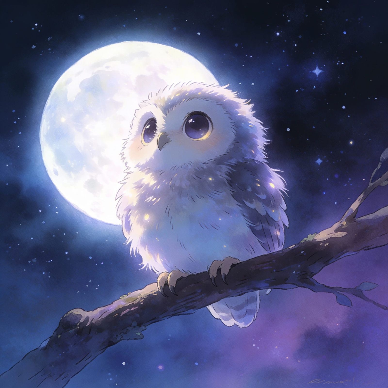 Cute Baby Owl Under Full Moon Digital Painting