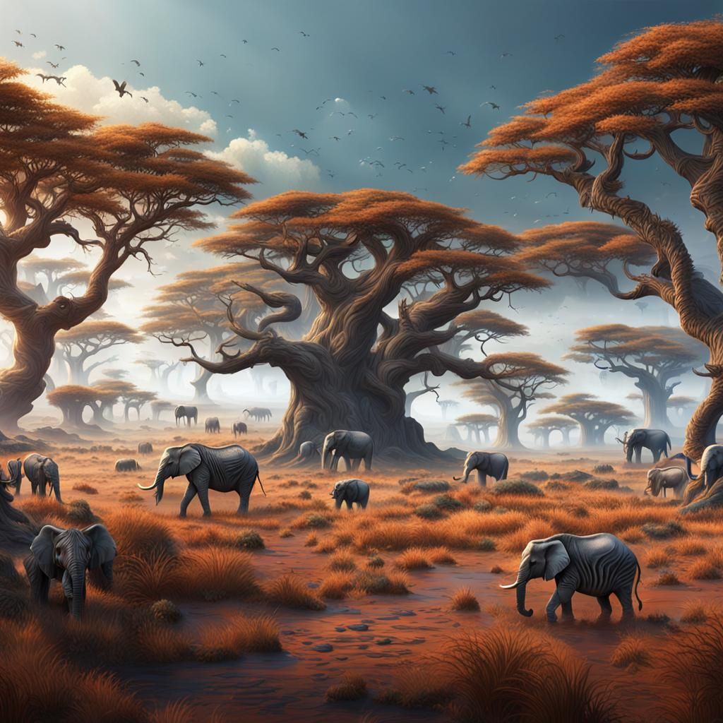 African Savanna with Zebras and Elephants