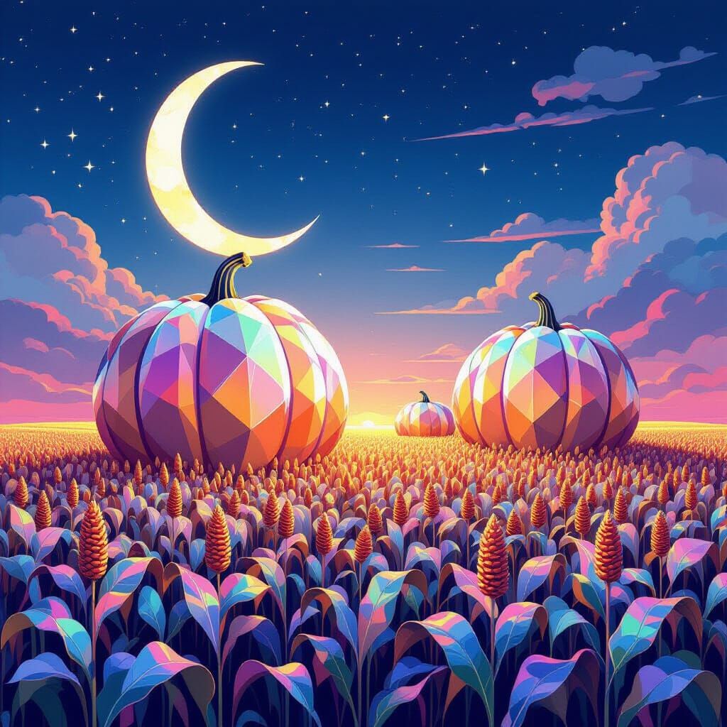 Surreal Crystal Pumpkins Float in Twilight Sky