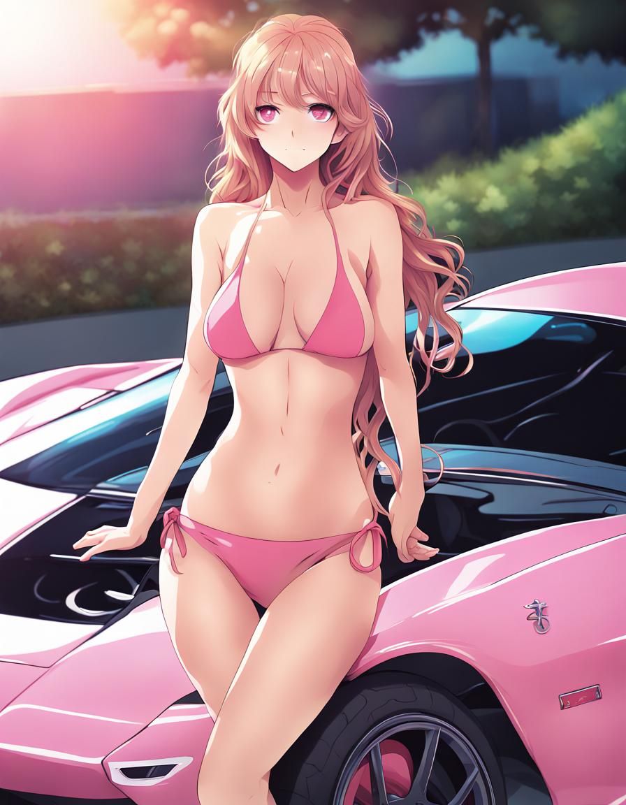 Anime Girl with Sport Car at Sunrise