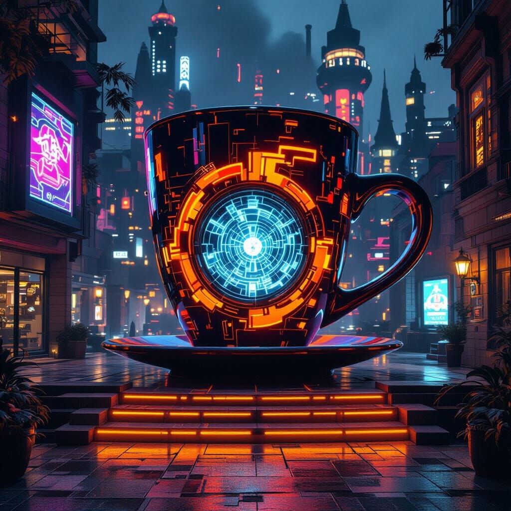 Giant Coffee Cup Entrance to Digital Hideout in Futuristic C...
