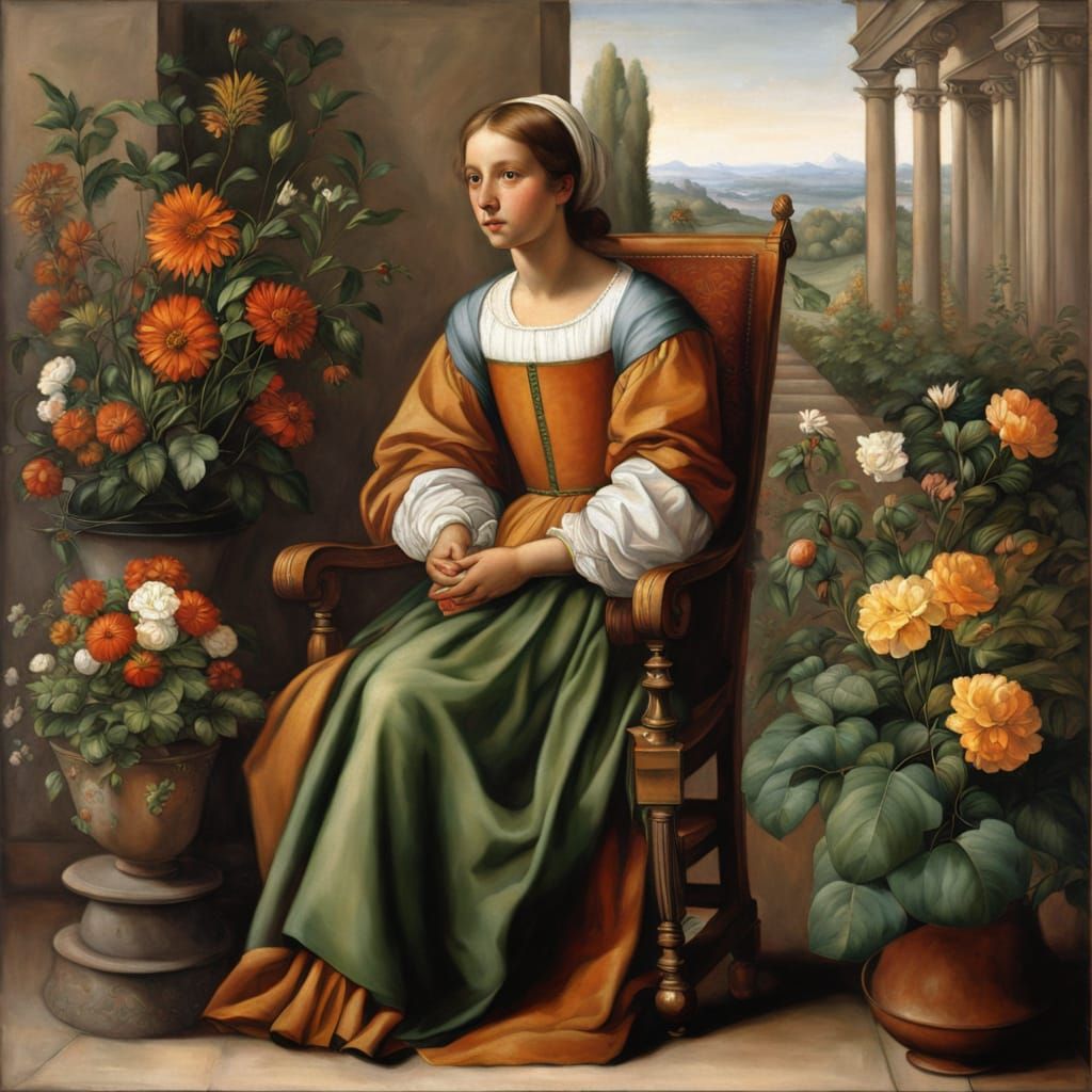 Renaissance Woman Contemplates the Cosmos in Earthy Splendor
