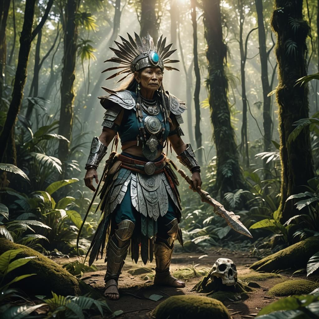 Futuristic Amazonian Shaman in Dense Jungle Artwork