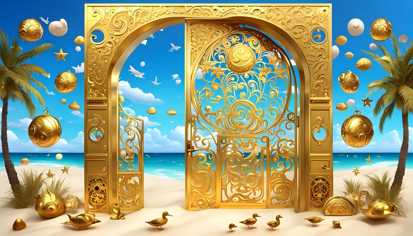Beach Door in Art Nouveau Style with Gold Duck