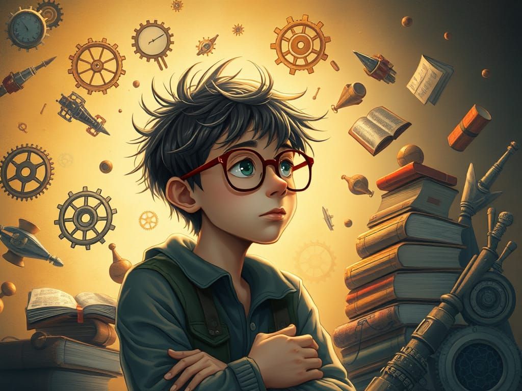 Introspective Boy Surrounded by Inventions in Illustration S...