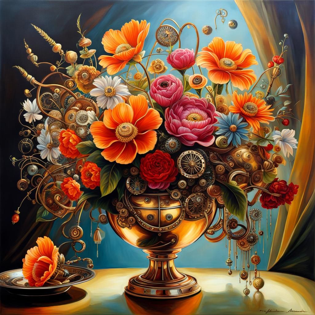 Steampunk Metal Flower Bouquet on Reflective Tabletop