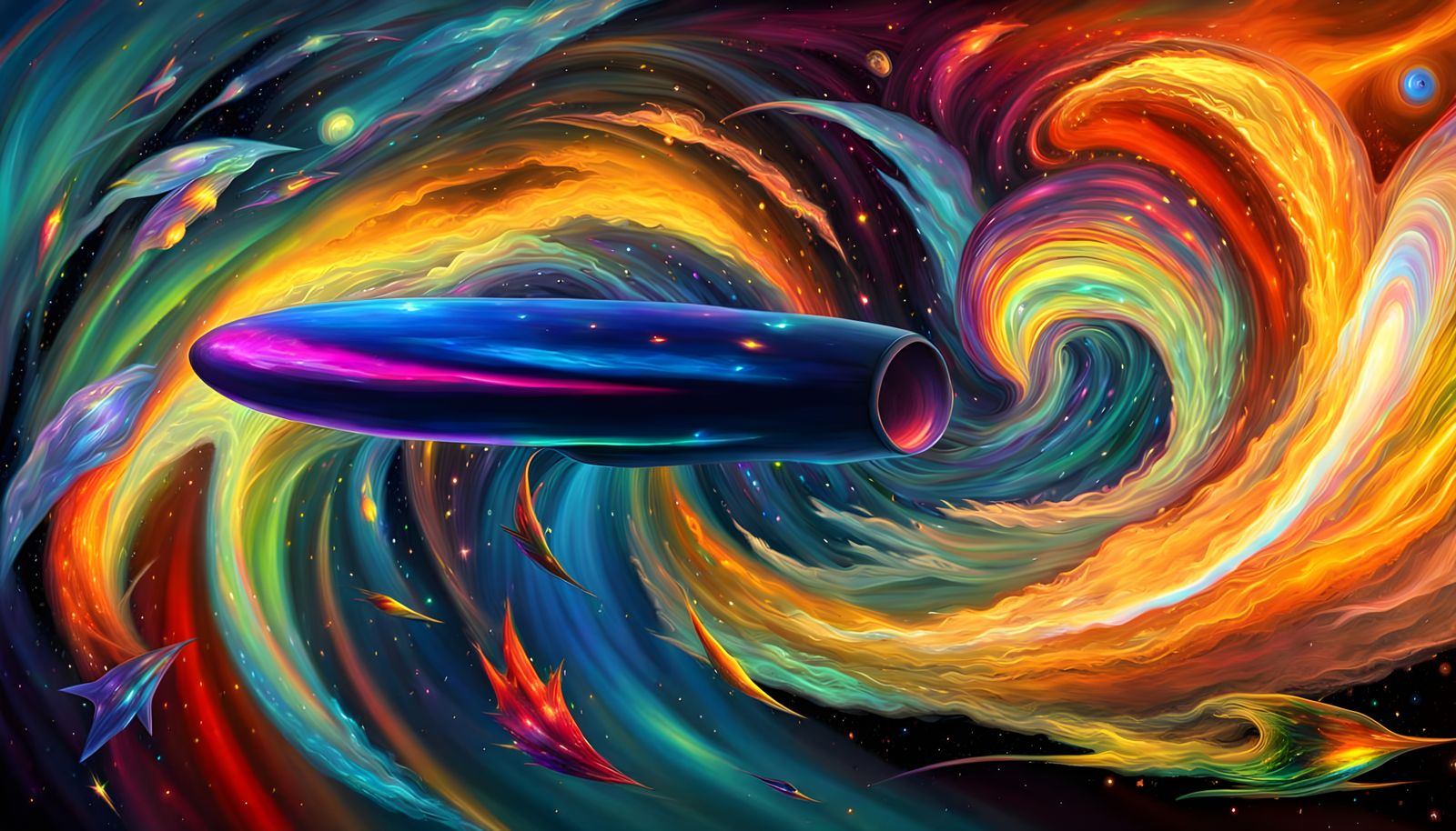 Iridescent Starship Surfs Rainbow Vortex