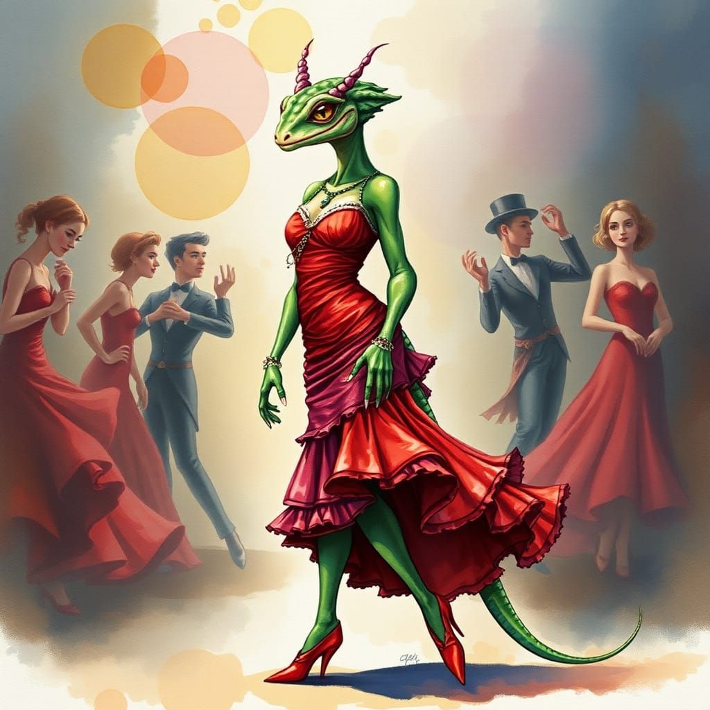 Basilisk Woman in Flamenco Dress Watercolor Portrait