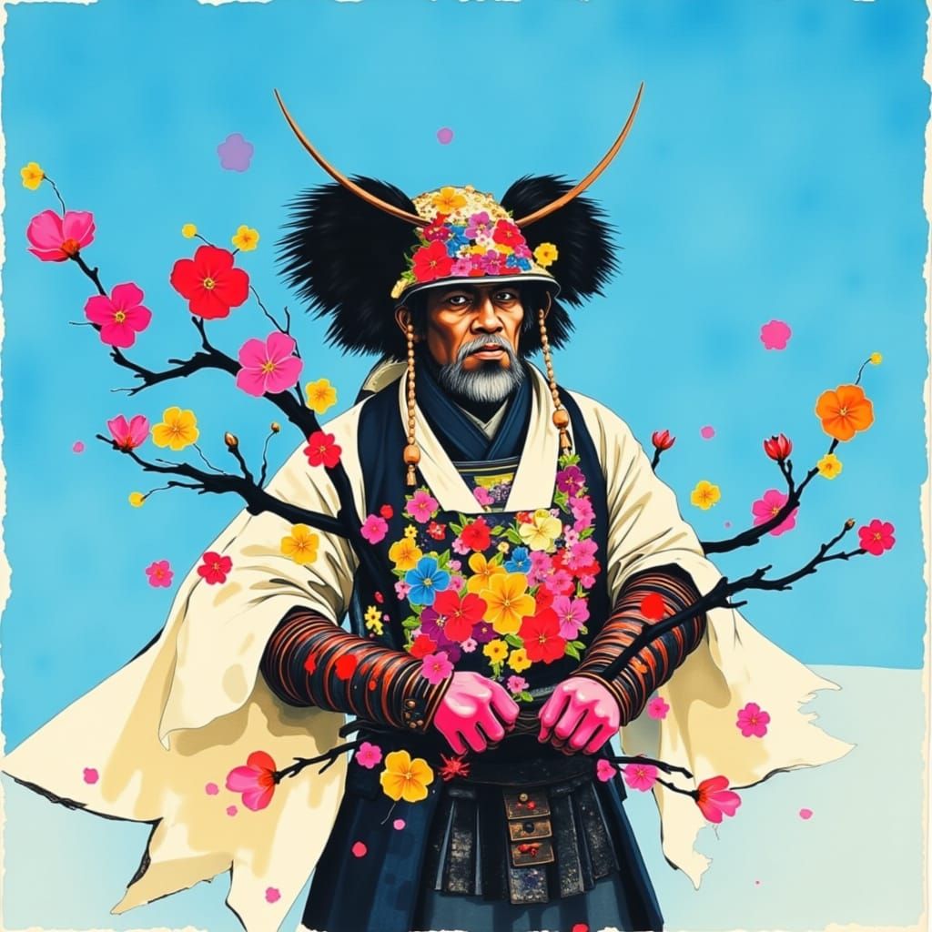 Samurai in Flower Armor Under Azure Sky