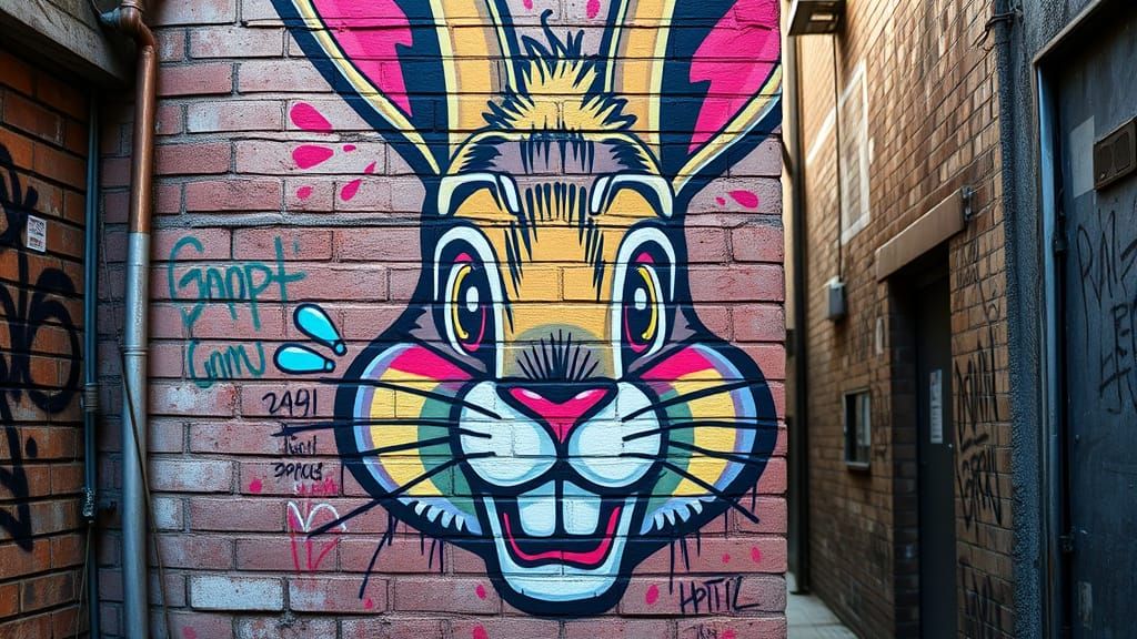 Stylized Graffiti Bunny Mural in Urban Alley
