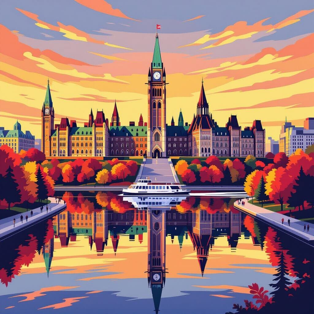 Vibrant Ottawa Autumn Illustration: Parliament Hill Across R...