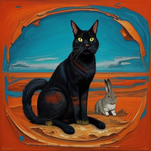 Defiant Cat Over Rabbit in Smoky Surrealist Landscape