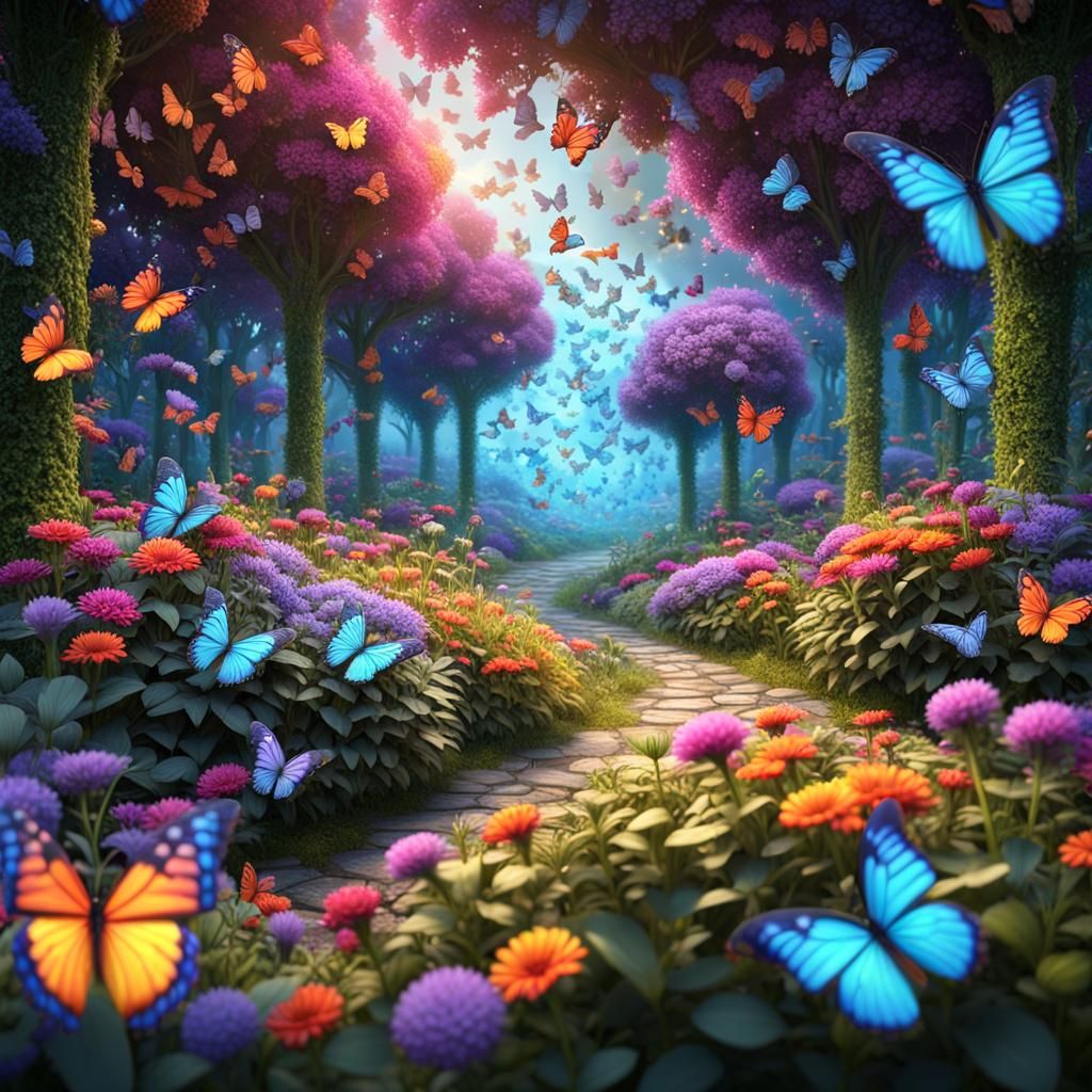 Lush Garden with Multicolored Glowing Butterflies
