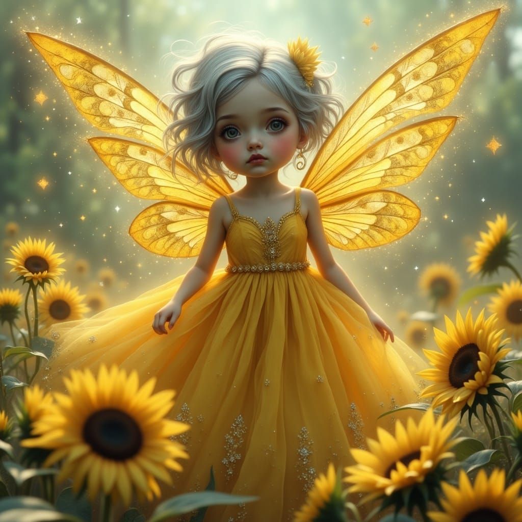 Ethereal Fairy in Flight over Sunflowers in Vibrant Colors